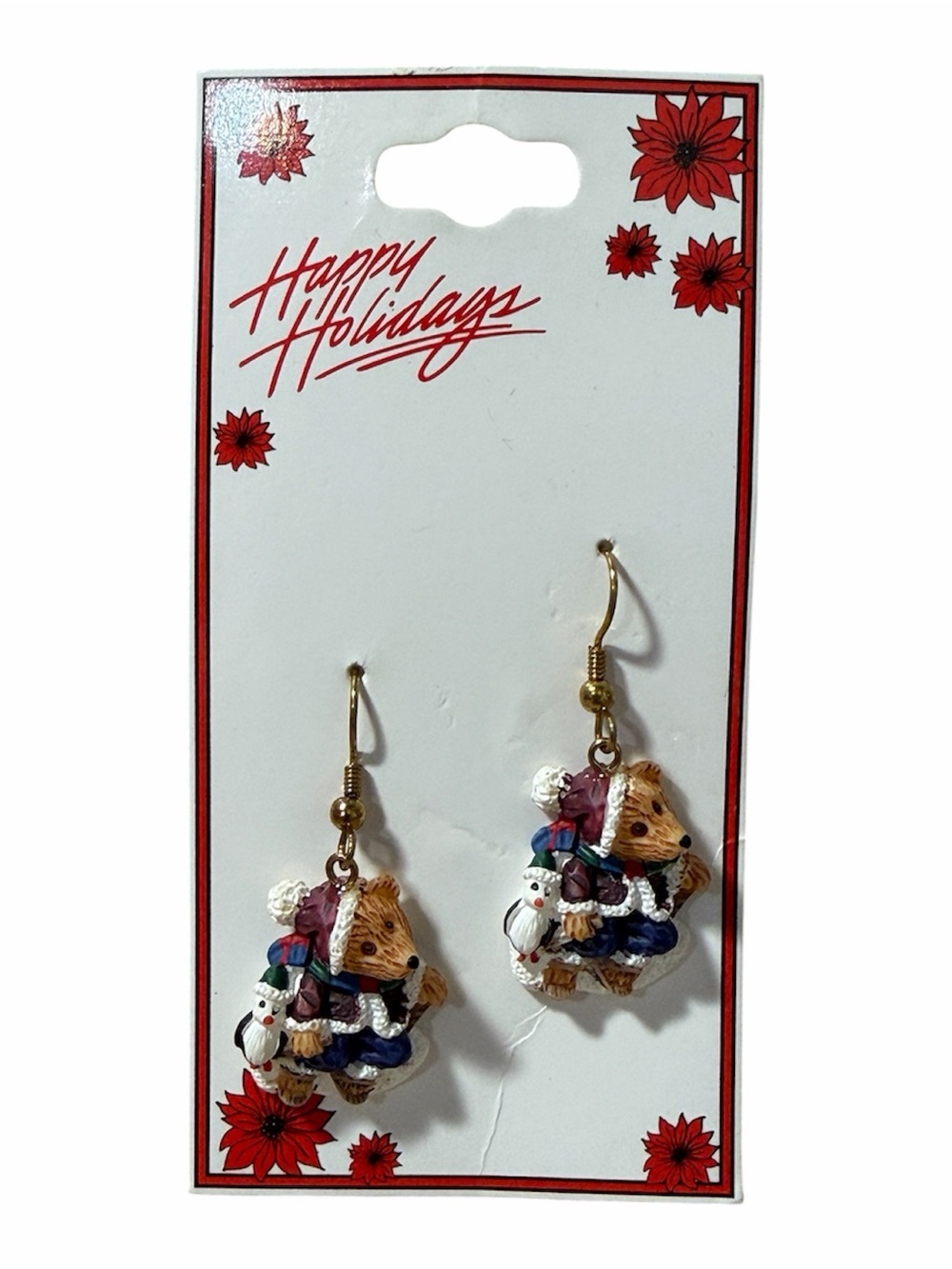 Holiday Teddy Bear and Snowman Dangle Earrings - Gold Tone